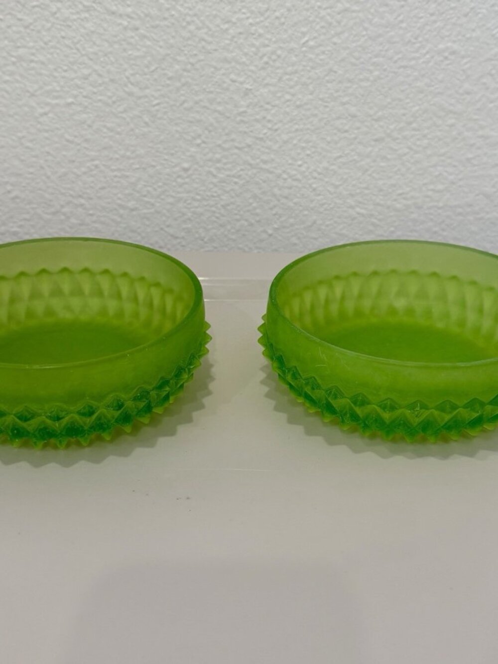 Midcentury Diamond Point Lime Green Frosted Indiana Glass Candy Nut Dish Set 2